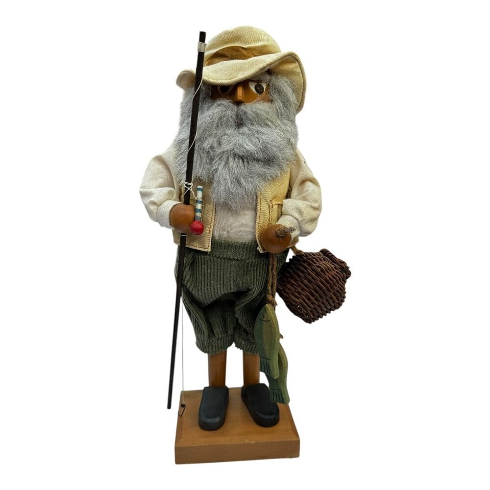 Vtg Fisherman Angler Nutcracker Hat,Vest,Corduroy Pants,Fishing Rod,Fish,Basket